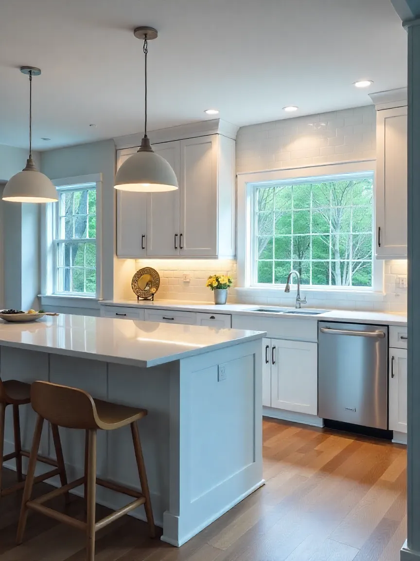 Modern kitchen with pendant lights, recessed ceiling fixtures, under-cabinet LEDs, and a chandelier illustrating diverse lighting options.