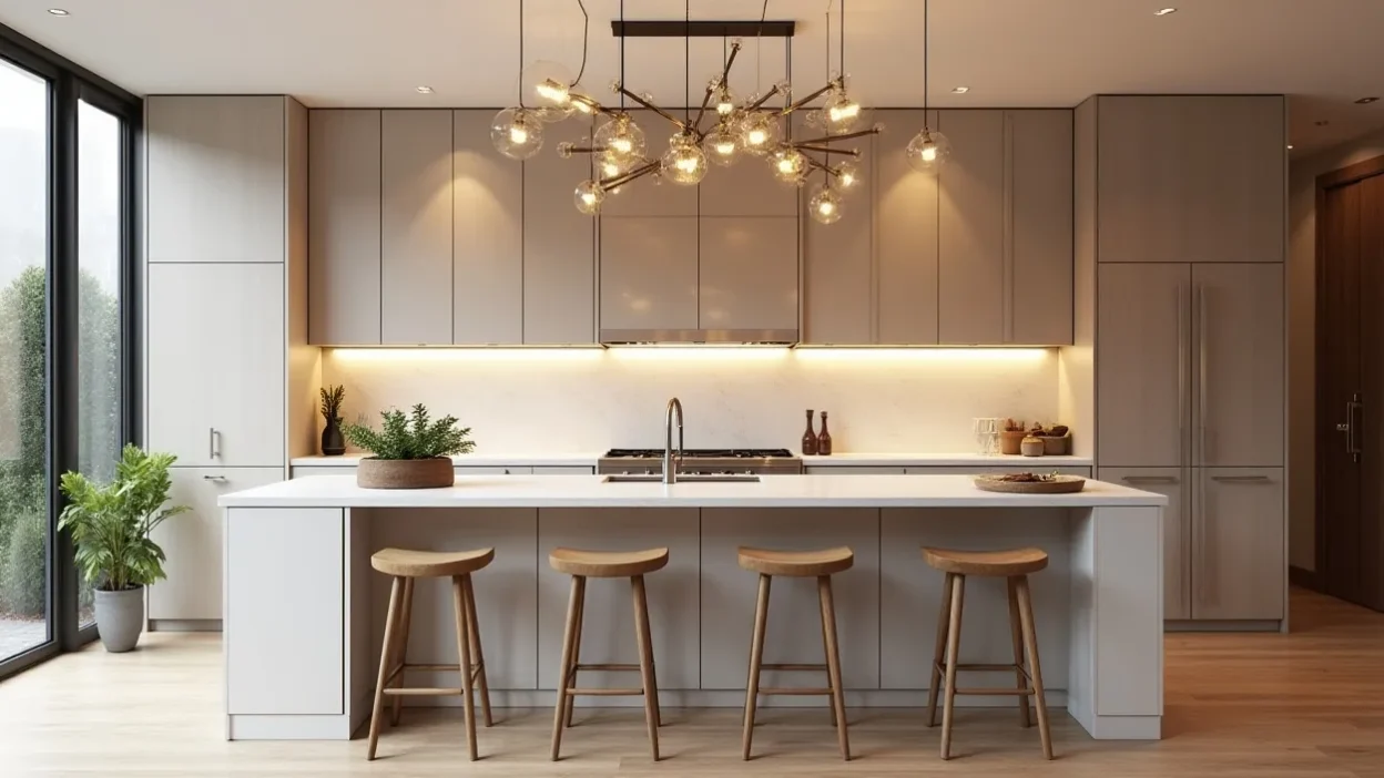 Modern kitchen with pendant lights, chandelier, under-cabinet lighting, and natural light creating a bright, stylish space.