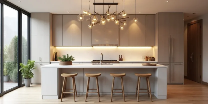 Modern kitchen with pendant lights, chandelier, under-cabinet lighting, and natural light creating a bright, stylish space.