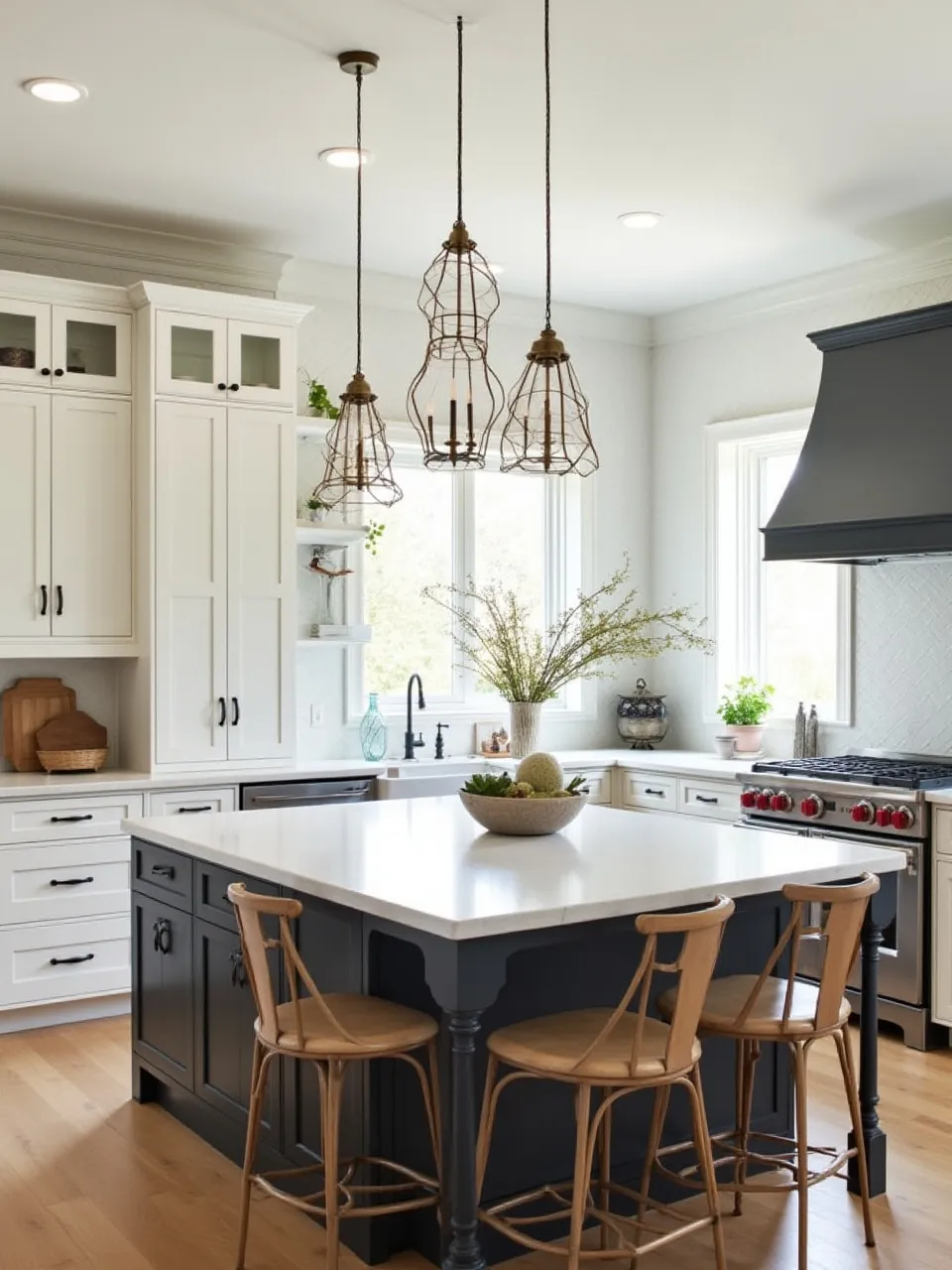 Kitchen with pendant lights sized proportionally to the island, showing the importance of scale in lighting design.