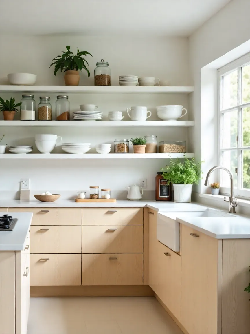 Modern kitchen with open shelving, styled dishes, glass jars, and plants, creating a bright and spacious look.