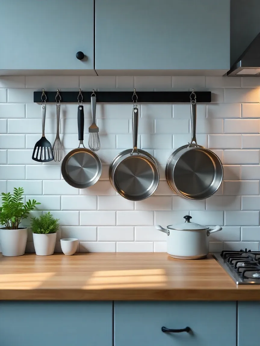 Kitchen wall with hooks, rails, and magnetic knife strip for organized, space-saving storage.