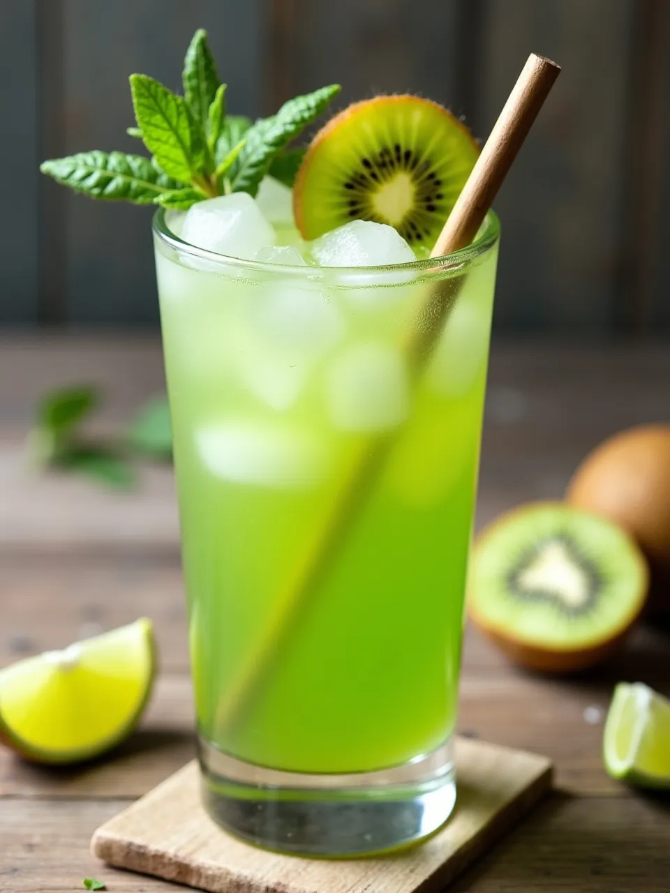 Kiwi mojito mocktail in a glass with ice, garnished with mint sprigs and kiwi slices on a rustic wooden table.