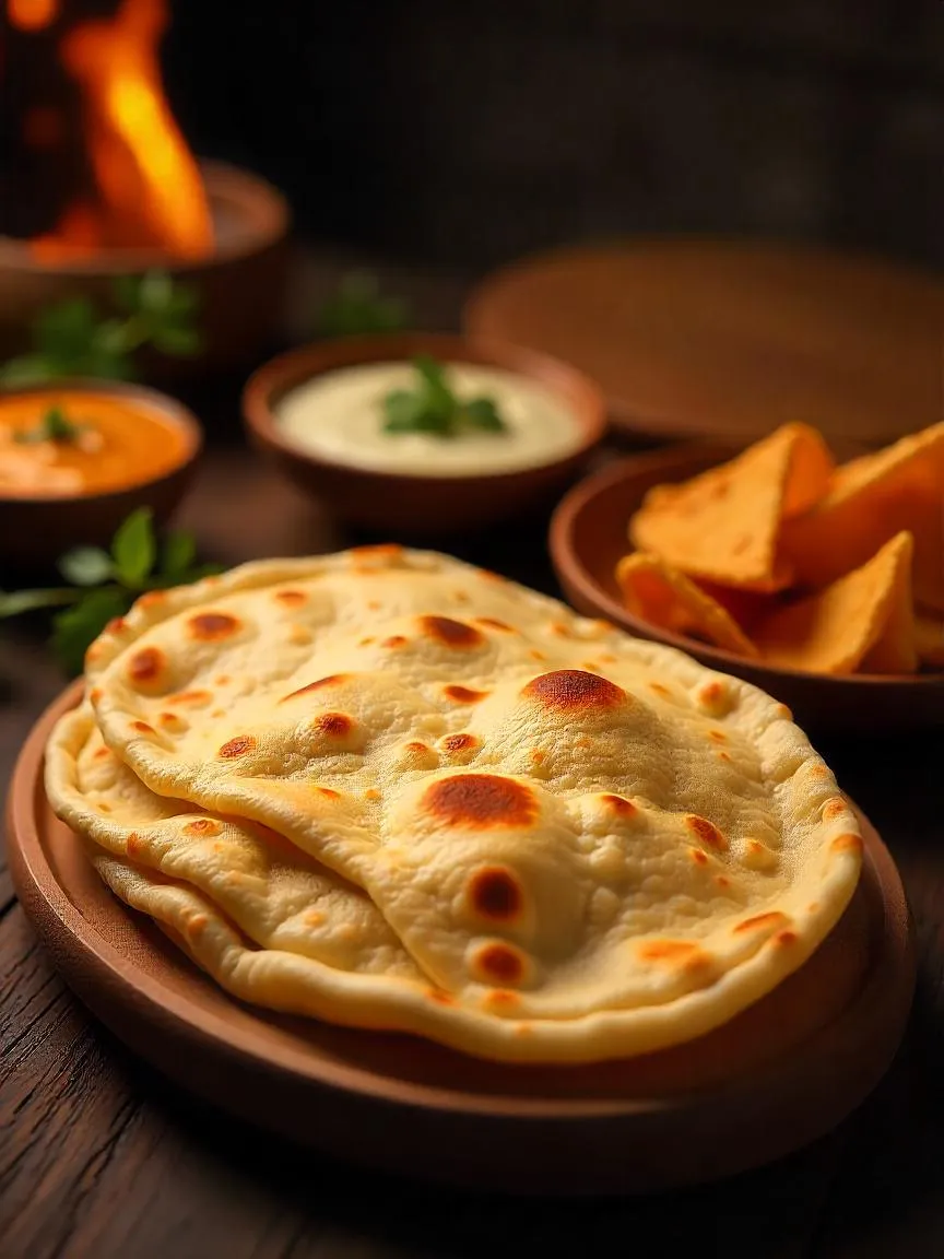 Fresh and toasted lavash bread side by side with dips, evoking traditional Middle Eastern cooking methods.
