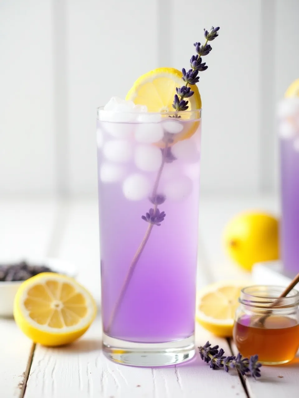 Lavender lemonade in a tall glass with ice, garnished with lemon slice and lavender sprig.