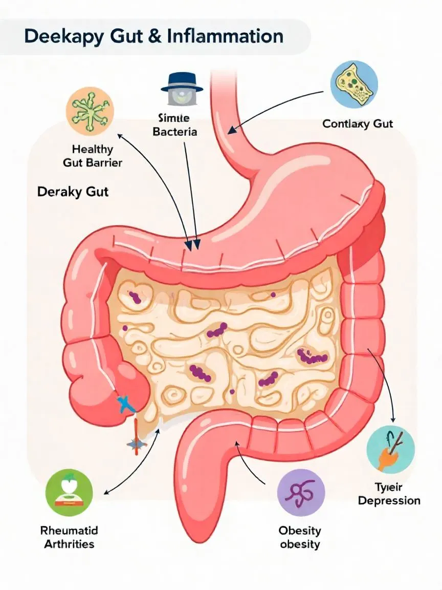 Illustration comparing a healthy gut lining to a leaky gut, with bacteria and toxins escaping into the bloodstream, linked to inflammation and chronic diseases.