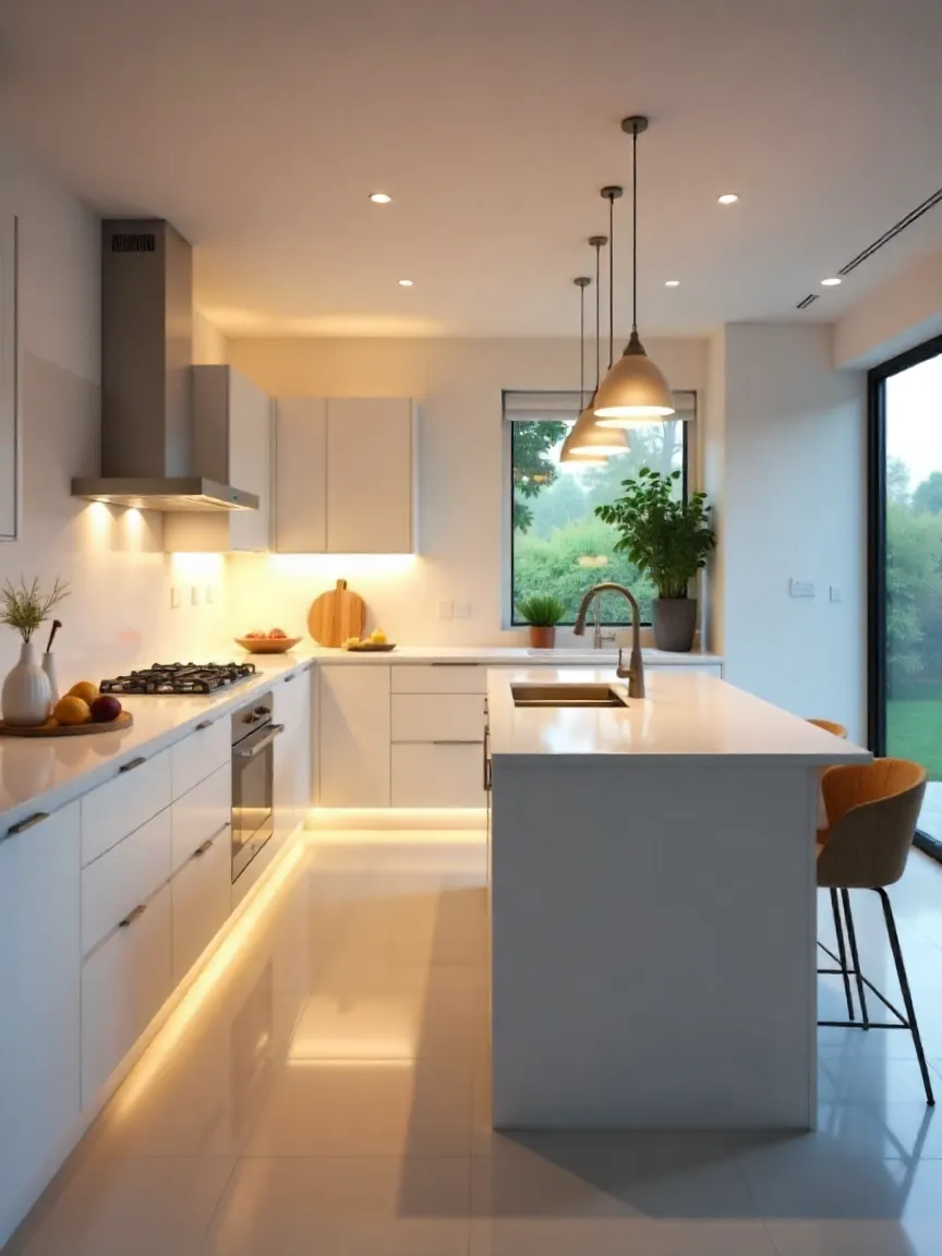Modern kitchen with undercabinet lighting, pendant lights, and light-colored cabinetry to create a spacious feel.
