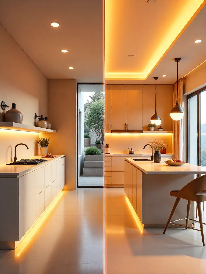 Side-by-side kitchens showing lighting strategies: compact fixtures for small spaces and layered lighting for large kitchens.