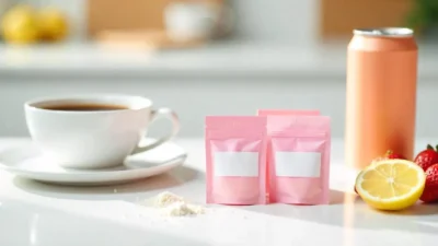 Colorful low-calorie sweetener packets next to a coffee cup and a sugar-free soda can on a white countertop.