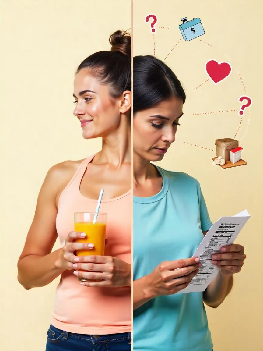 Split-image of health and concern: one side shows a fit person with a diet drink, the other side shows concern over nutrition labels and sweeteners.