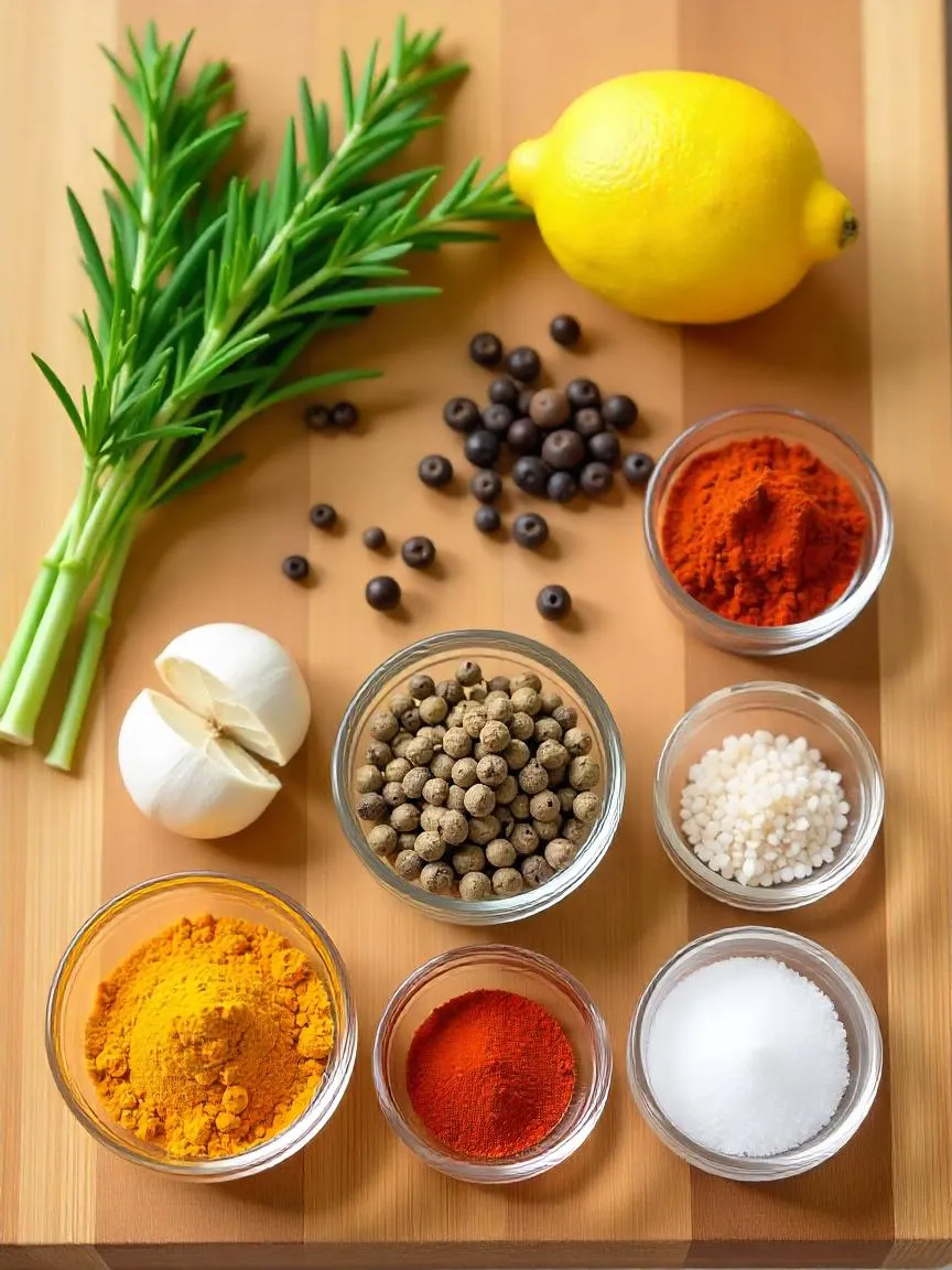 A kitchen counter with herbs, lemon, garlic, spices, and different types of salt substitutes. 