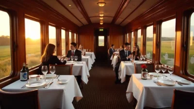 Elegant train dining car with panoramic windows, white-tablecloth tables, and passengers enjoying gourmet meals with countryside views.