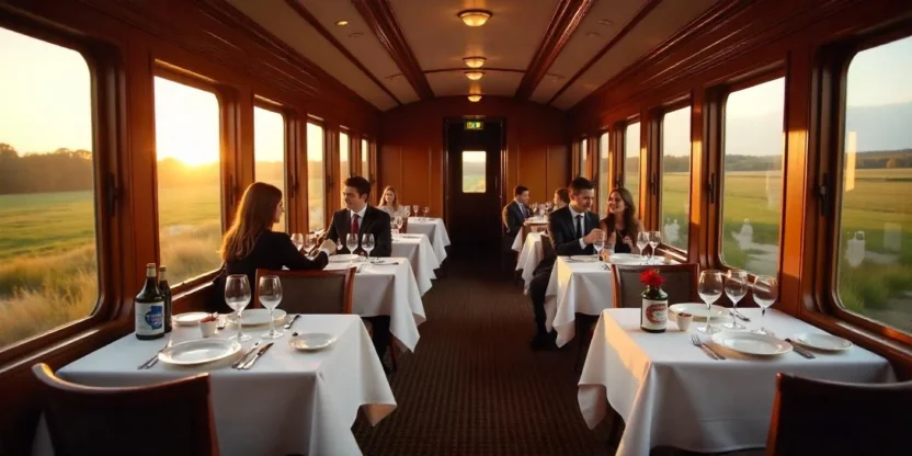 Elegant train dining car with panoramic windows, white-tablecloth tables, and passengers enjoying gourmet meals with countryside views.