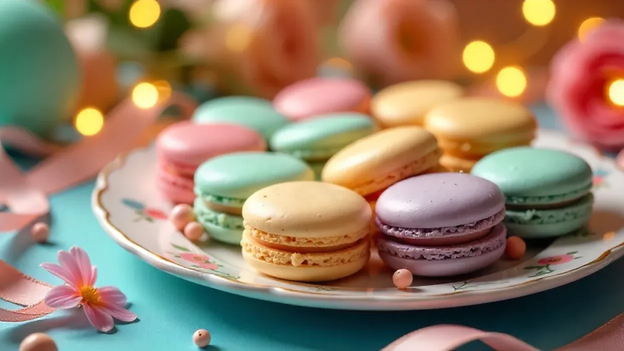 Colorful French macarons on a decorated platter with flowers and festive lights.