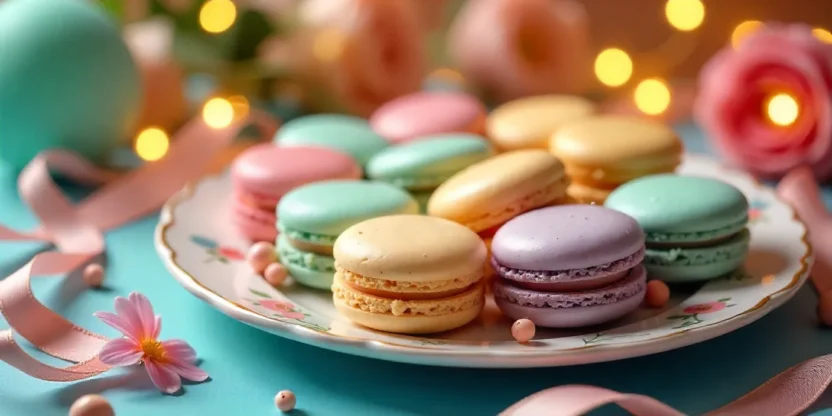 Colorful French macarons on a decorated platter with flowers and festive lights.