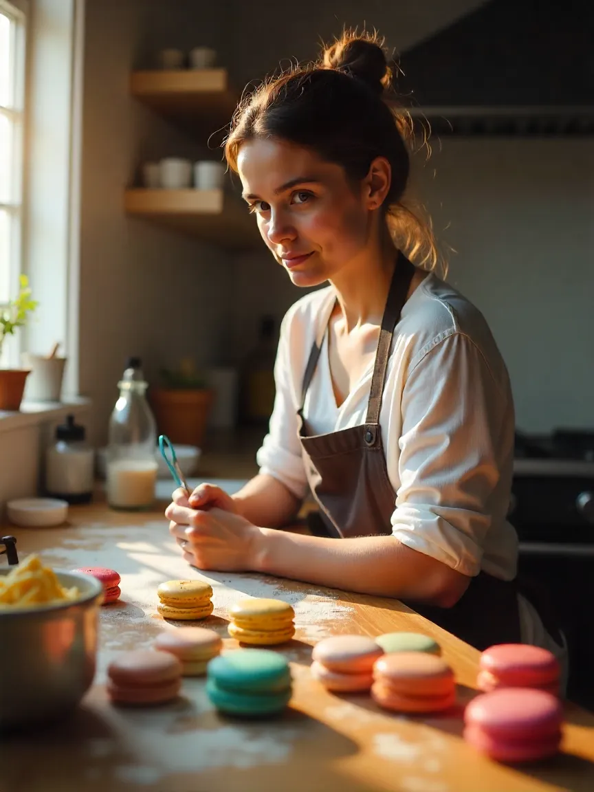 Baker surrounded by baking tools and colorful macarons in a cozy kitchen