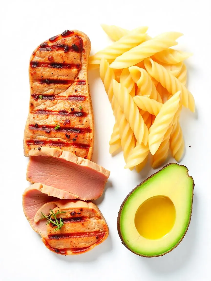 A top-view image displaying protein, carbs, and fats: grilled meat, whole grains, and avocado arranged neatly to represent macronutrient balance.