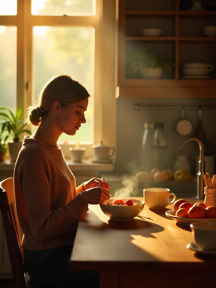 Person enjoying a cozy breakfast with cereal and coffee in a sunlit kitchen, creating a warm and peaceful morning vibe.
