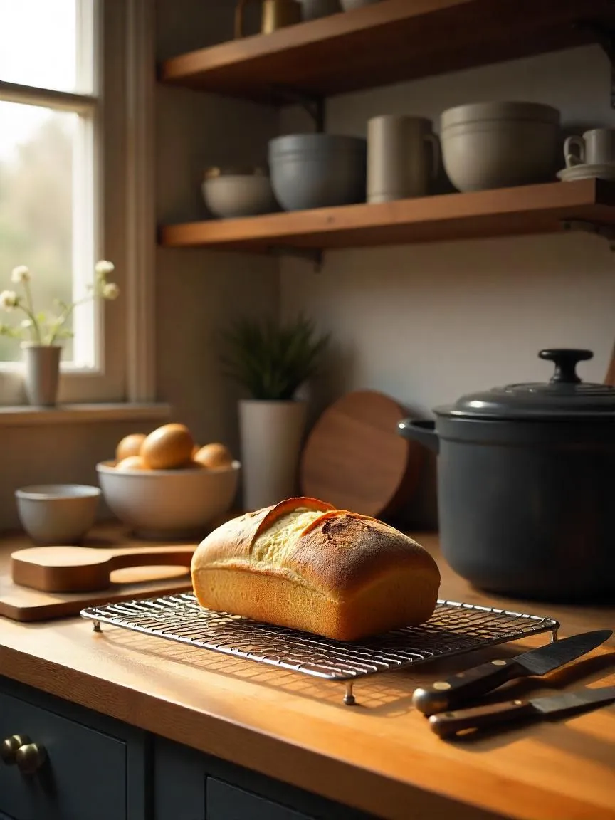 Bread baking tools on wooden countertop: mixing bowls, bench scraper, measuring cups, Dutch oven, cooling rack, sharp knife, and kitchen thermometer.
