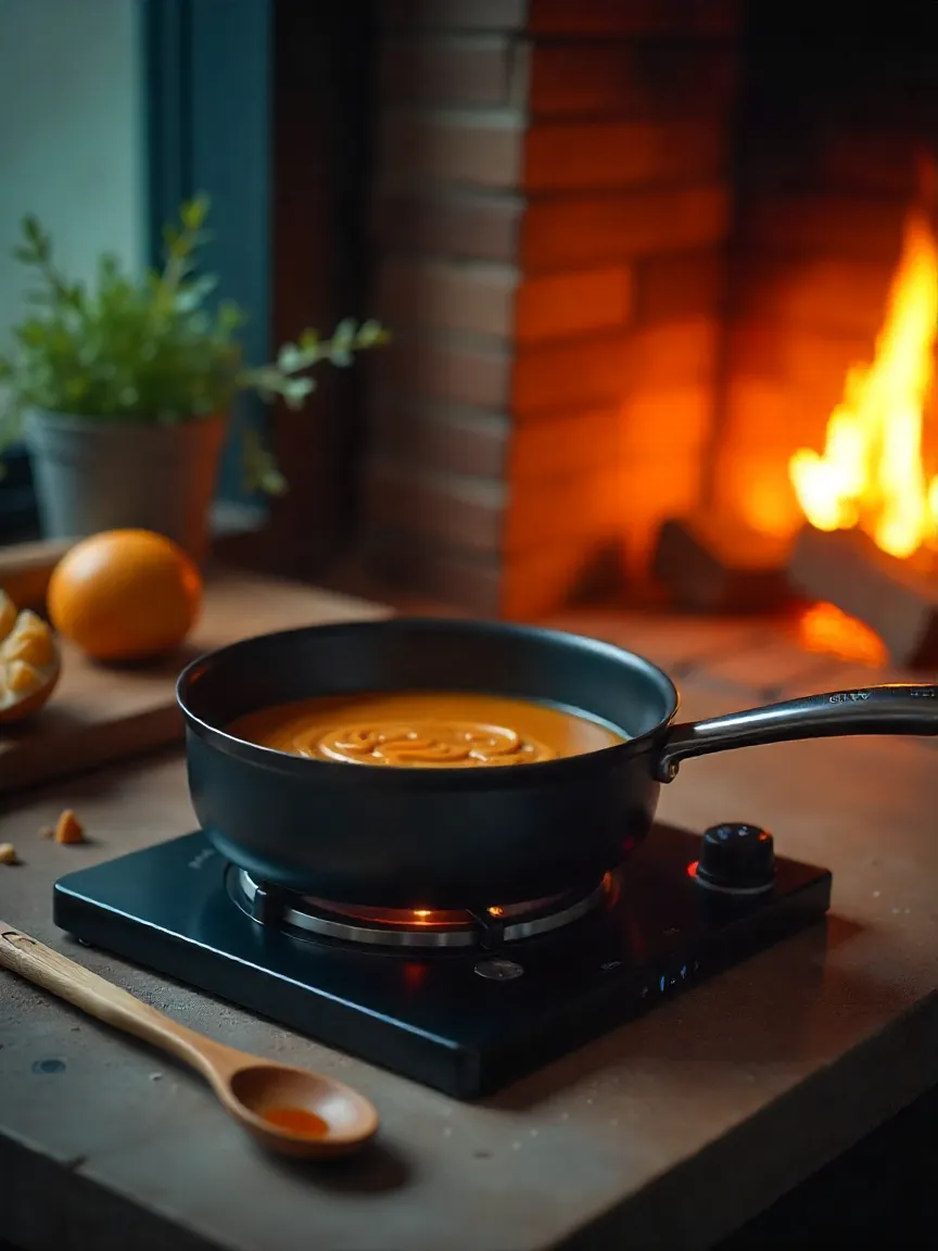 Small pot with homemade caramel simmering in a cozy kitchen setting.