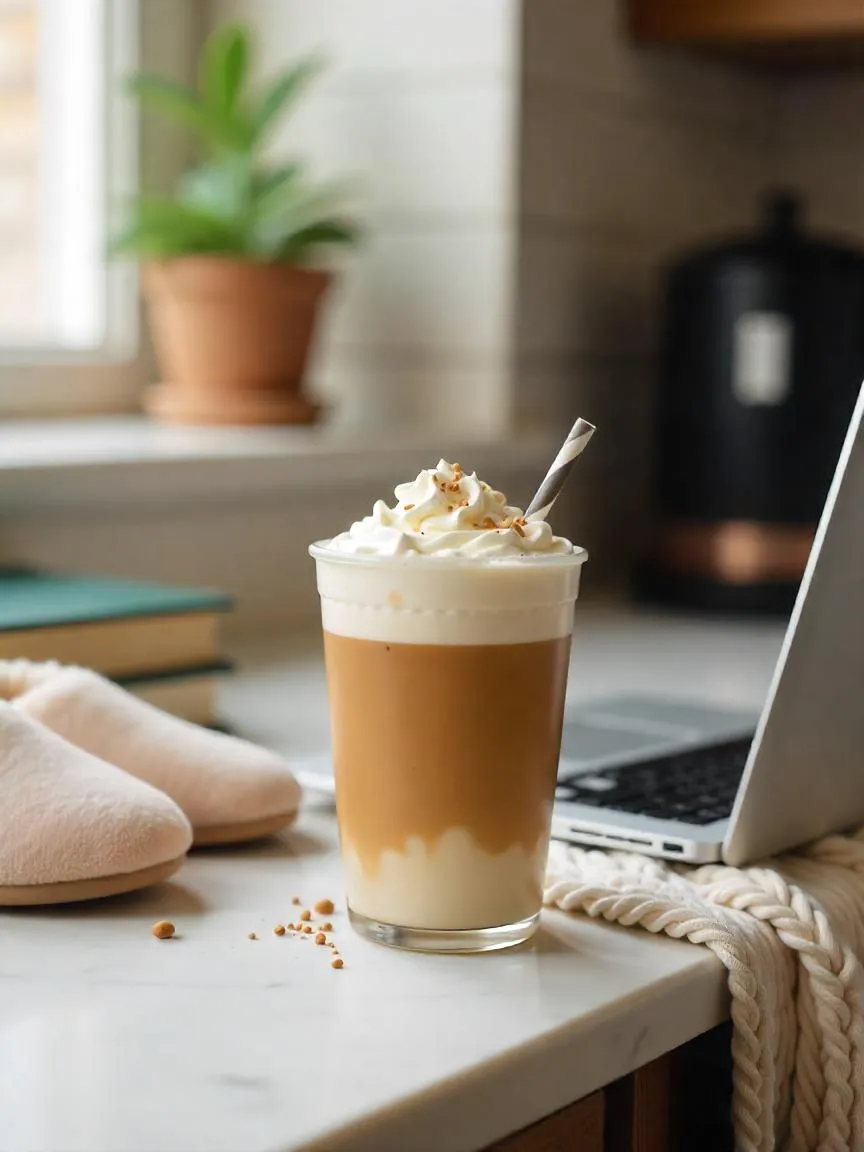 Homemade iced latte on kitchen counter with cozy slippers, laptop, and blanket, illustrating comfort and control over coffee-making at home.