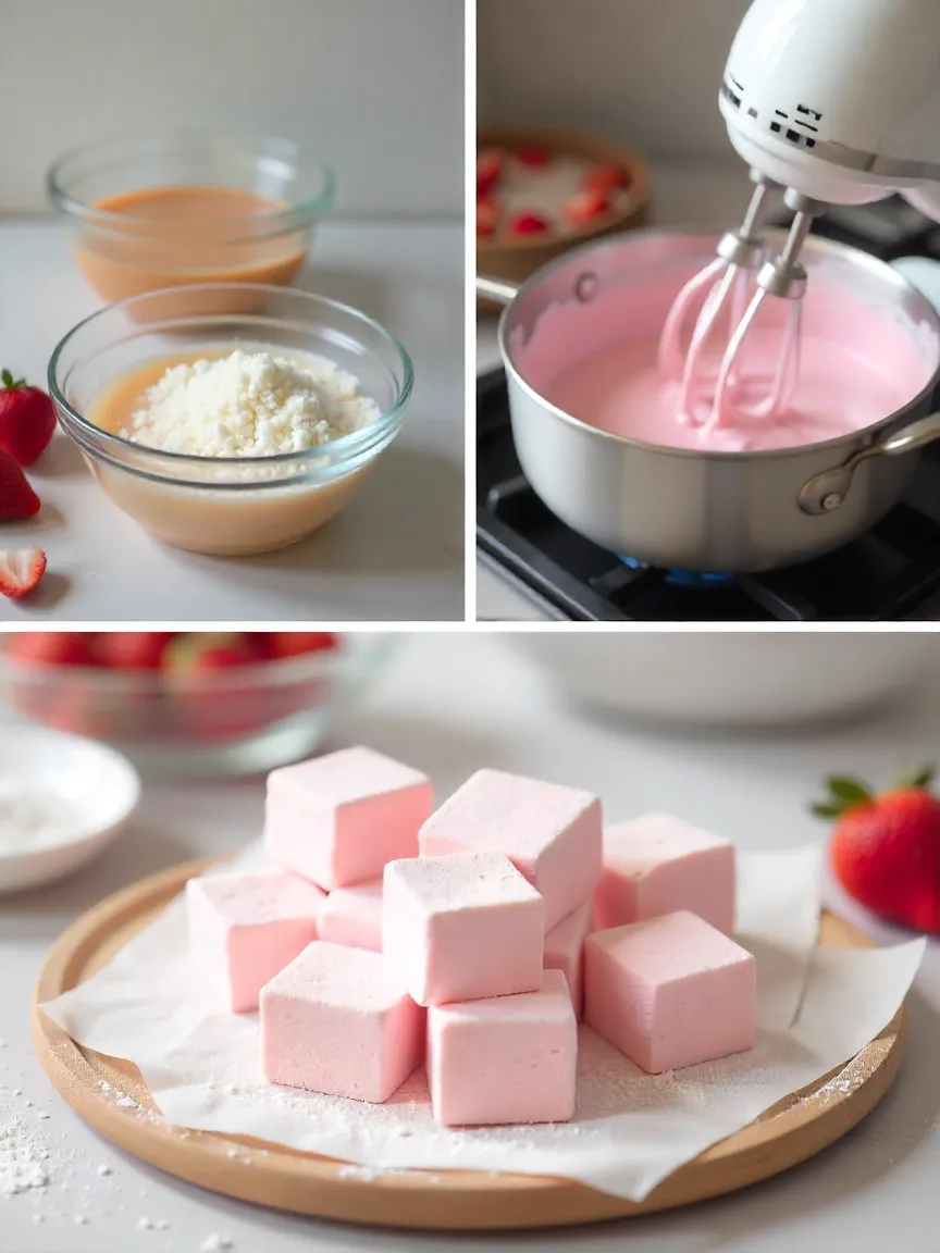 Sequence of strawberry marshmallow making: gelatin blooming, sugar syrup boiling, pink marshmallow mix whipping, and cut marshmallow cubes coated in powdered sugar.
