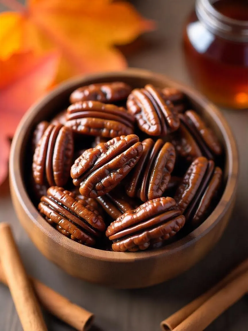 Glazed maple molasses pecans in a wooden bowl with fall decor.