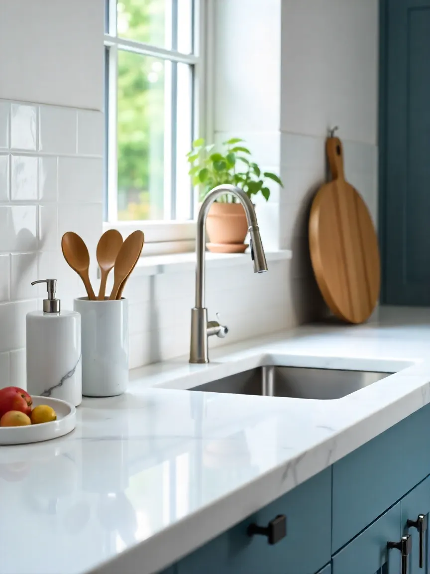 White marble kitchen countertop with stylish accessories including a marble utensil holder, soap dispenser, cutting board, and decorative tray with fruit.