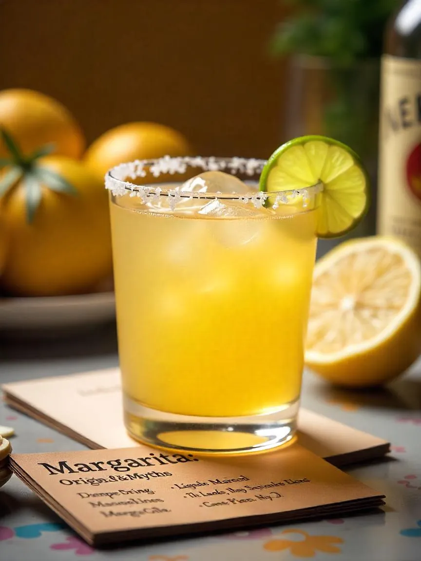A Margarita cocktail with a salted rim and lime garnish, placed next to a recipe card sharing its name origin, surrounded by citrus and tequila.
