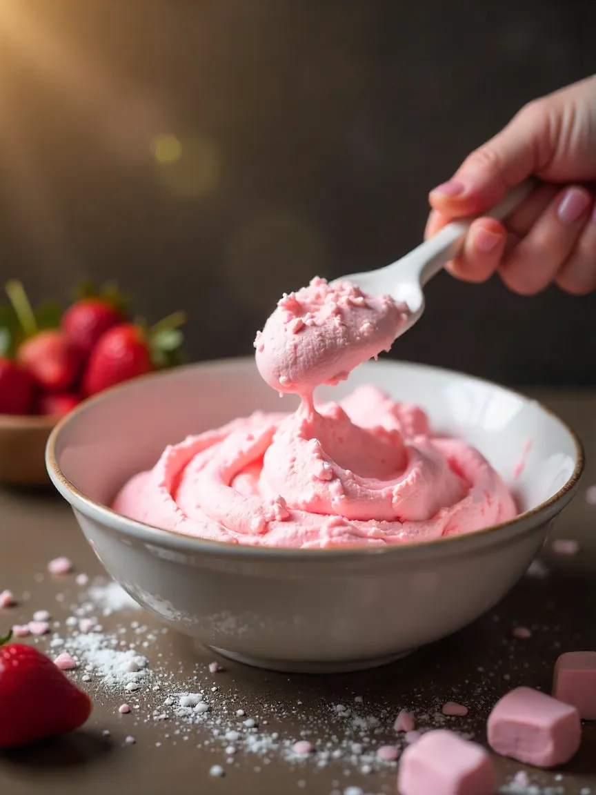 Person holding spatula with fluffy pink strawberry marshmallow mixture in a cozy kitchen setting with fresh strawberries.