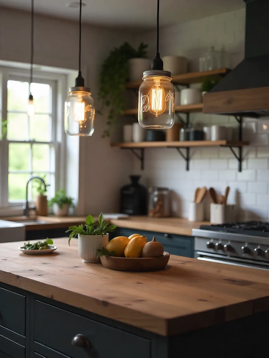 Rustic kitchen island lit by mason jar pendant lights with Edison bulbs, complemented by open shelving and a subway tile backsplash.