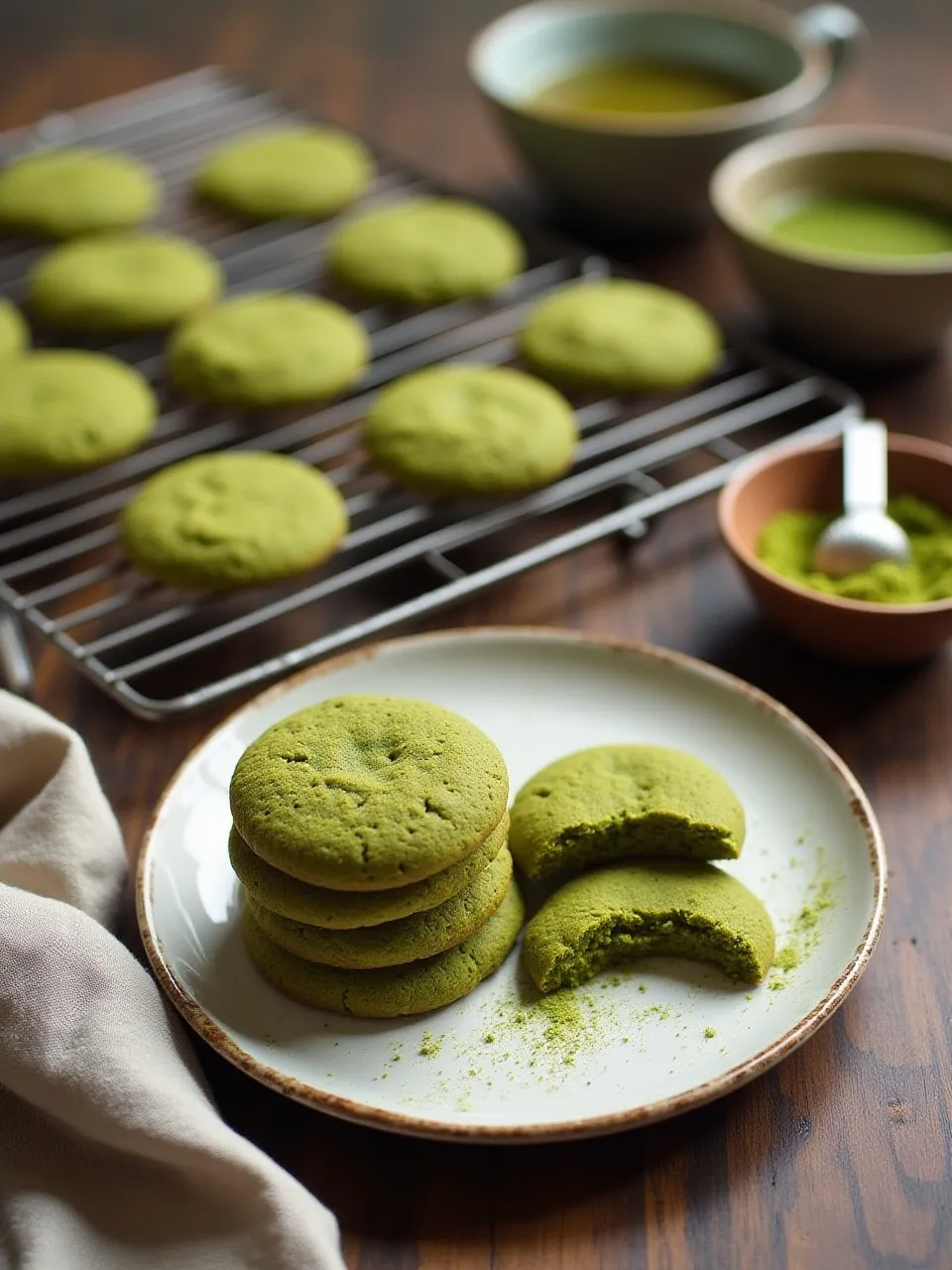 Freshly baked matcha green tea cookies on a cooling rack with matcha powder and a cup of green tea.