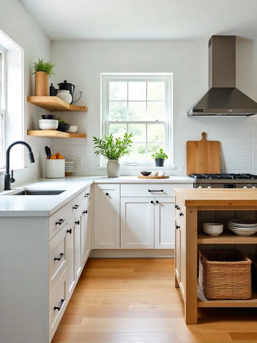 Modern kitchen with quartz countertops, butcher block island, subway tile backsplash, and mixed textures for a stylish, functional design.