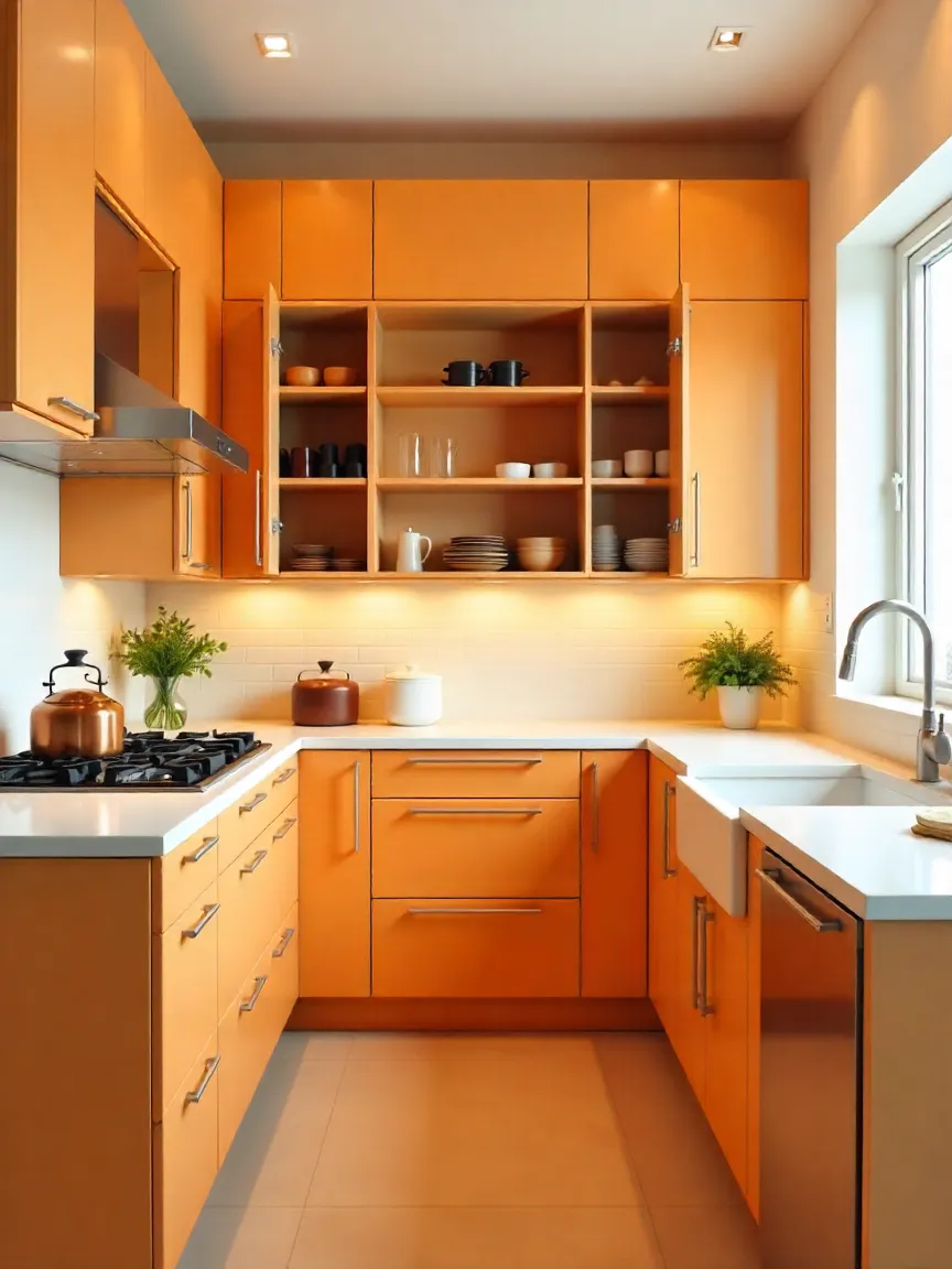 Modern kitchen with ceiling-height cabinets, pull-out shelves, and door-mounted racks for smart storage solutions.