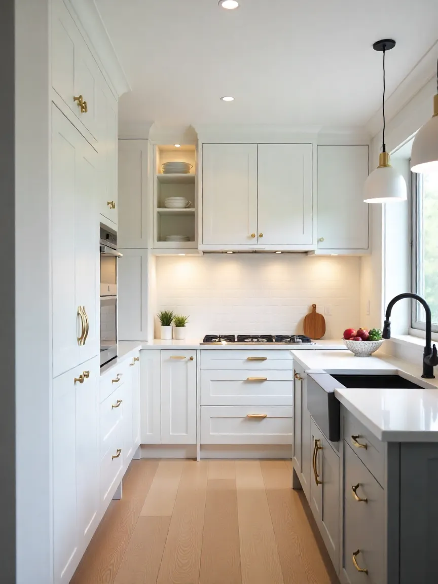 Ceiling-high kitchen cabinets with pull-out shelves, spice racks, and organized storage solutions for efficient space use.