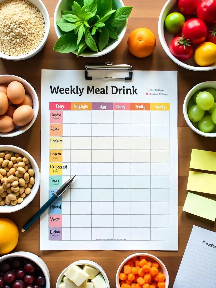 Meal planning chart with food group items and drinks on a kitchen table, surrounded by fruits, grains, proteins, and water. 
