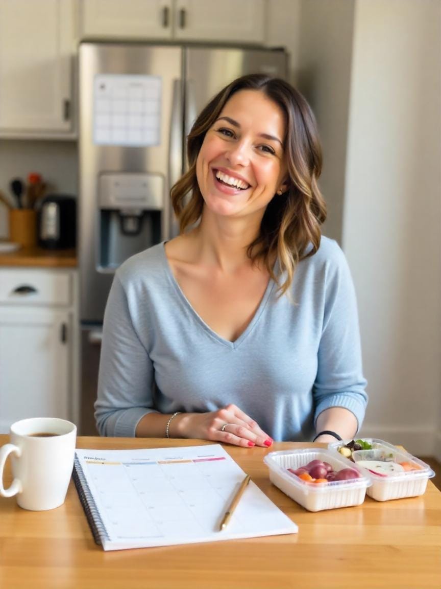 A relaxed person planning meals at a kitchen table with prepped food containers and a visible weekly menu planner in a cozy, organized setting.