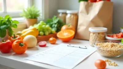 Weekly meal planner surrounded by fresh produce, prepped food containers, and a glass of fruit-infused water on a bright kitchen counter.