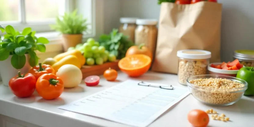 Weekly meal planner surrounded by fresh produce, prepped food containers, and a glass of fruit-infused water on a bright kitchen counter.