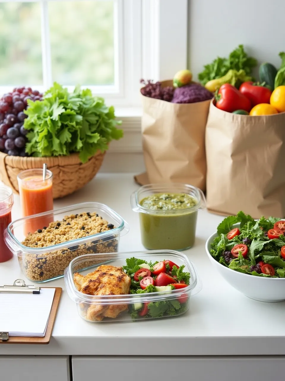 Meal prep containers with healthy meals, fresh produce, and a grocery list for smart shopping on a bright kitchen counter.