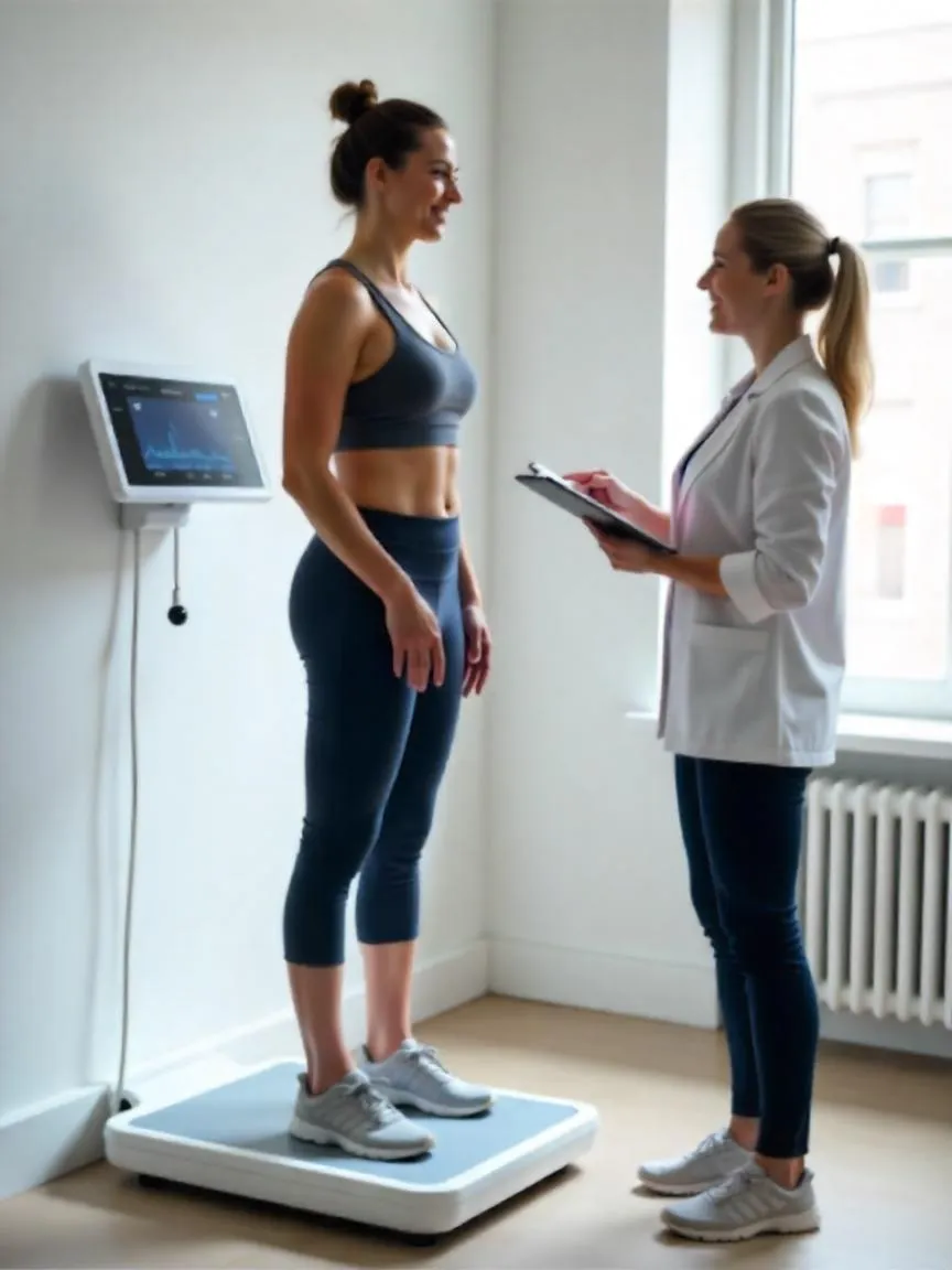 Person in sportswear using a digital scale while a coach offers guidance on measuring body fat in a well-lit fitness room.