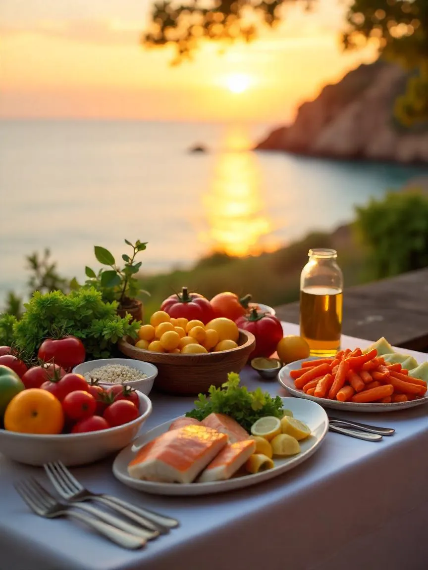 Peaceful seaside meal with Mediterranean foods and a smiling person enjoying a balanced, healthy plate.