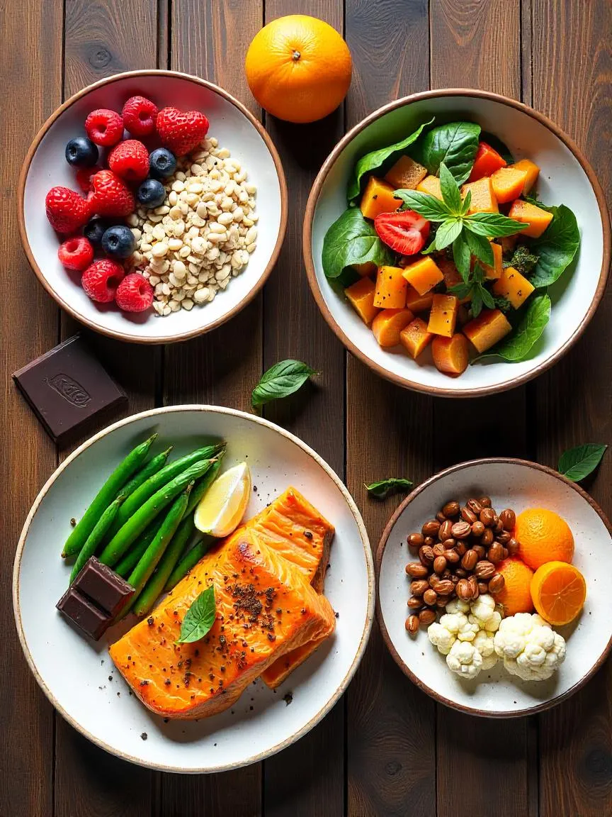 A full day of Mediterranean meals including oatmeal, beans and rice, salmon, sweet potato, vegetables, fruit, and dark chocolate.