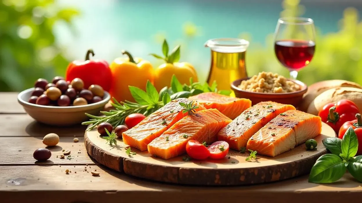 A colorful Mediterranean meal with grilled fish, fresh vegetables, olives, whole grain bread, hummus, and red wine on a rustic wooden table.