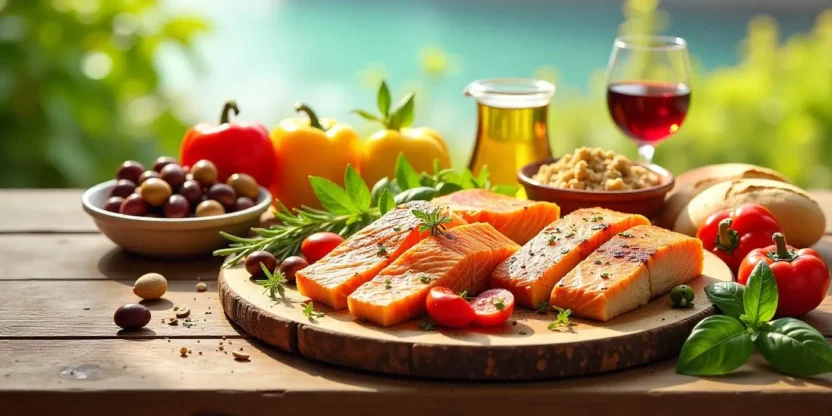 A colorful Mediterranean meal with grilled fish, fresh vegetables, olives, whole grain bread, hummus, and red wine on a rustic wooden table.