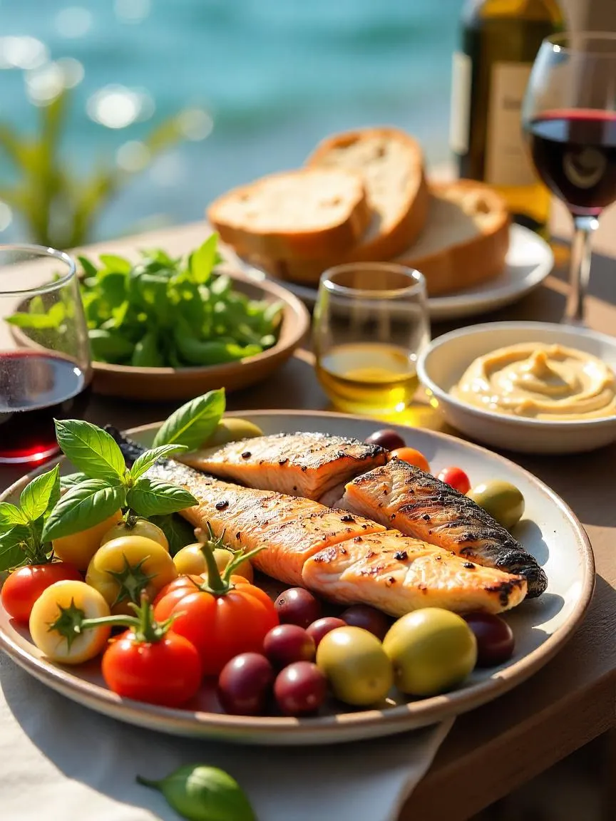 Mediterranean-style meal with fish, olives, vegetables, bread, olive oil, and wine, with a card labeled “Mediterranean Diet” on a rustic table.