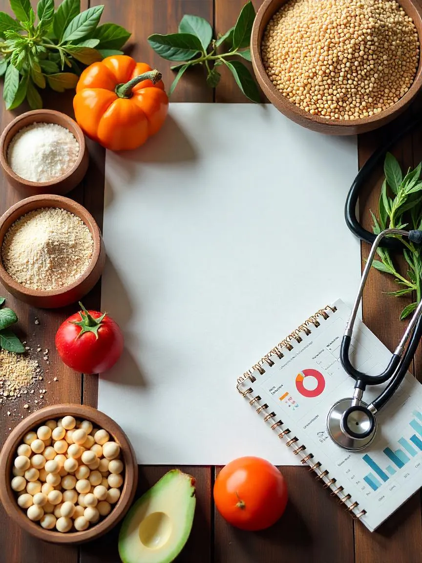 A mix of Mediterranean foods and scientific research tools like charts and a stethoscope symbolizing diet-related health studies.
