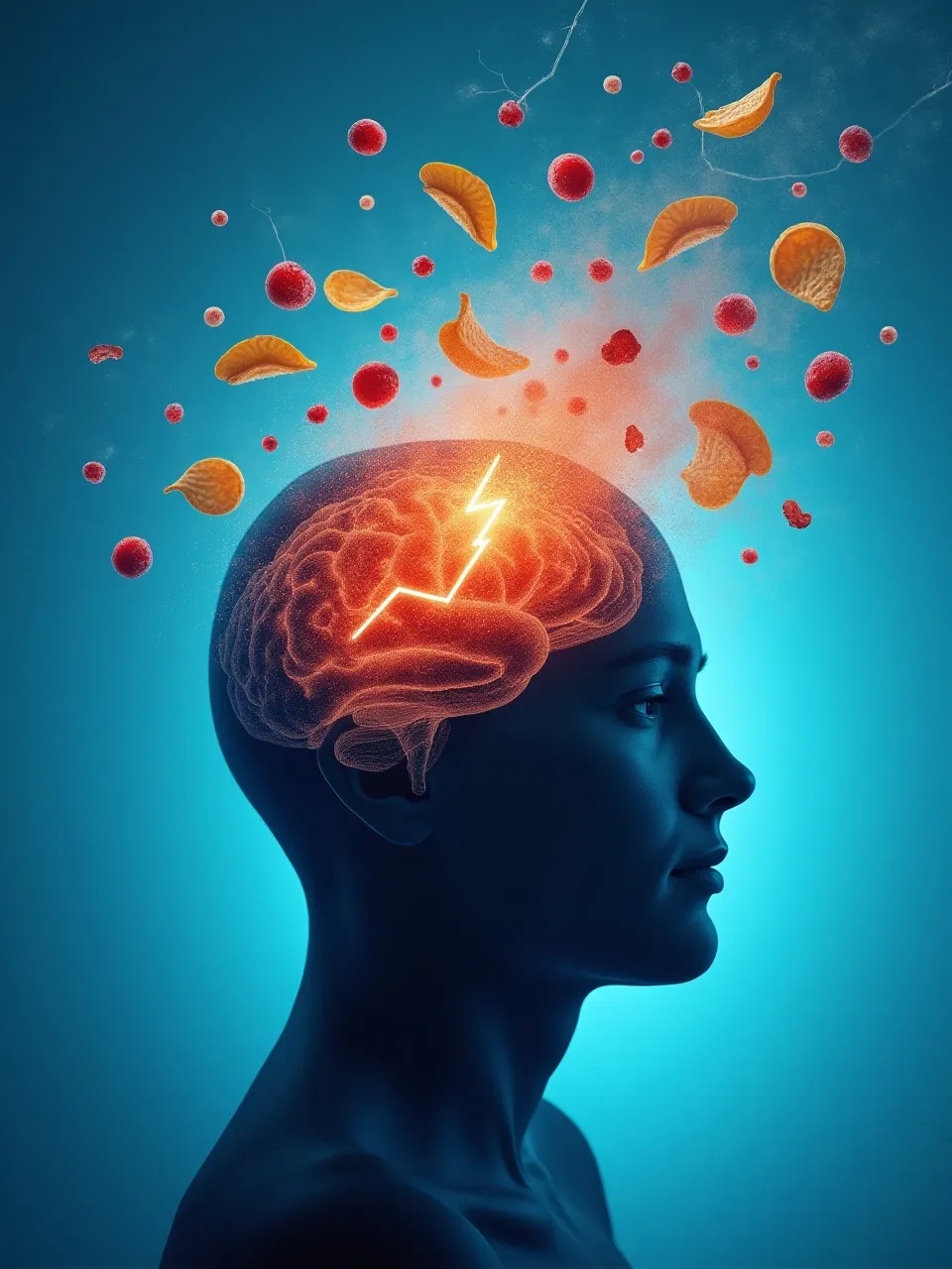 Illustration showing the impact of ultra-processed foods on brain health, including mood changes and reduced cognitive performance.