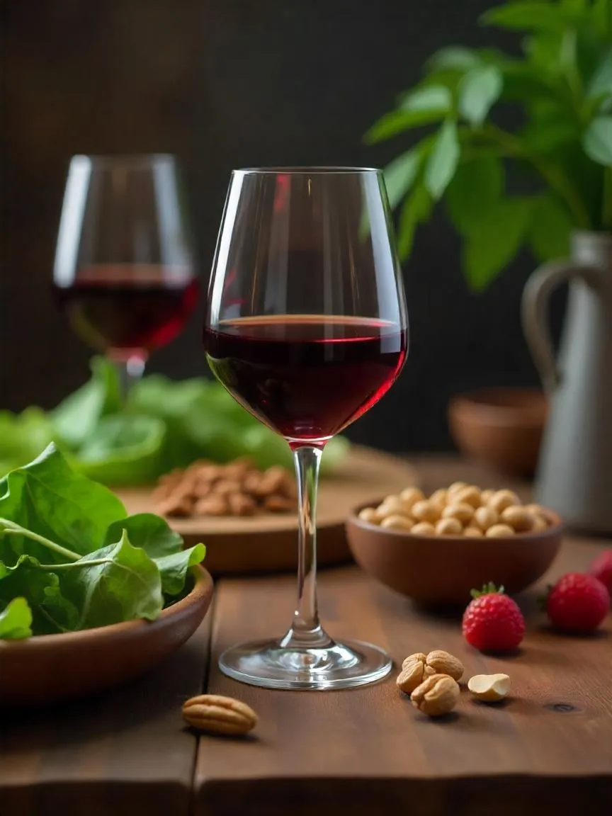 A glass of red wine on a wooden table surrounded by MIND diet foods like greens, berries, nuts, and olive oil
