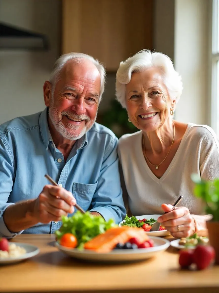 Older couple happily eating a brain-healthy MIND diet meal together